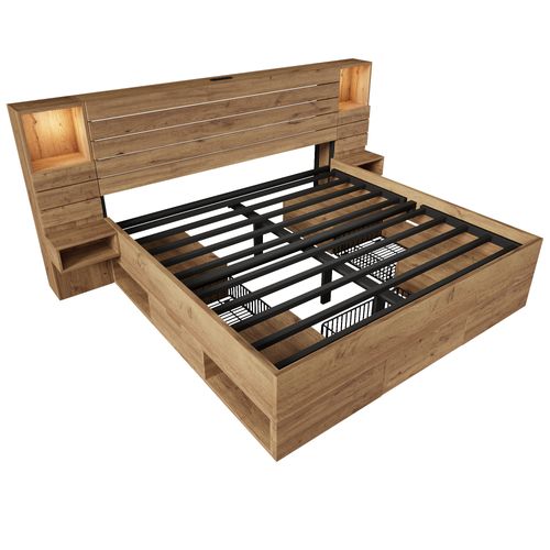 Lit Adulte 180x200 Cm Avec 3 Tiroirs De Rangement, LED,  Chevets Flottantes, Mdf, Couleur Chêne