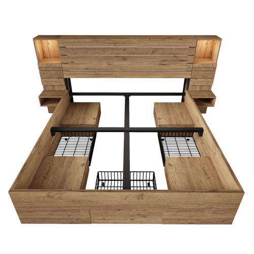 Lit Adulte 180x200 Cm Avec 3 Tiroirs De Rangement, LED,  Chevets Flottantes, Mdf, Couleur Chêne