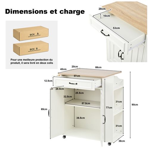 Îlot De Cuisine 66x40/60x90 Cm Avec 1 Tiroir, Placard, Étagère Réglable, Roulettes, Mdf, Blanc