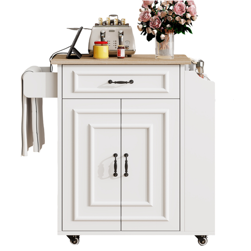 Îlot De Cuisine 66x40/60x90 Cm Avec 1 Tiroir, Placard, Étagère Réglable, Roulettes, Mdf, Blanc