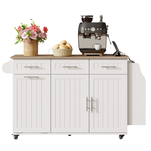 Îlot De Cuisine Mobile 120x40/70x90 Cm Avec 3 Tiroirs, 3 Prises, Rangements, Roulettes, Mdf, Blanc