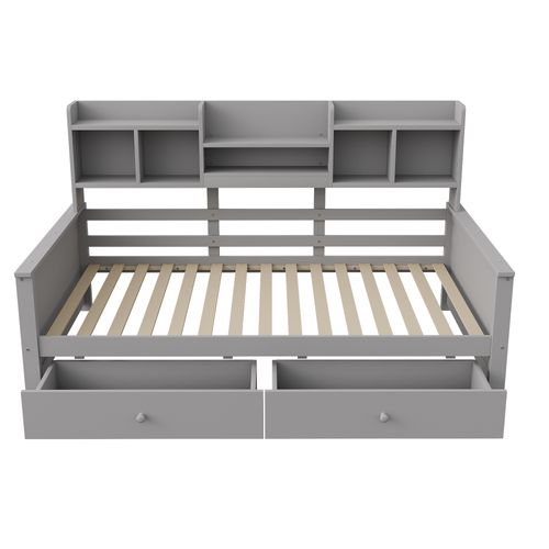 Lit Enfant 90x200 Cm Avec 2 Tiroirs Et Étagères, Éclairage LED, Sommier à Lattes, Gris