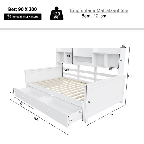 Lit Enfant 90x200 Cm Avec 2 Tiroirs Et Étagères, Éclairage LED, Sommier à Lattes, Blanc