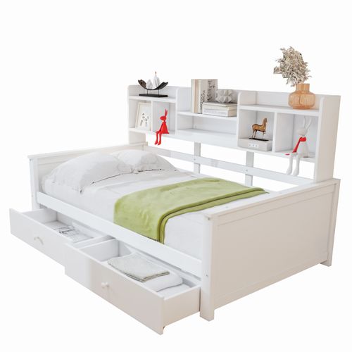 Lit Enfant 90x200 Cm Avec 2 Tiroirs Et Étagères, Éclairage LED, Sommier à Lattes, Blanc