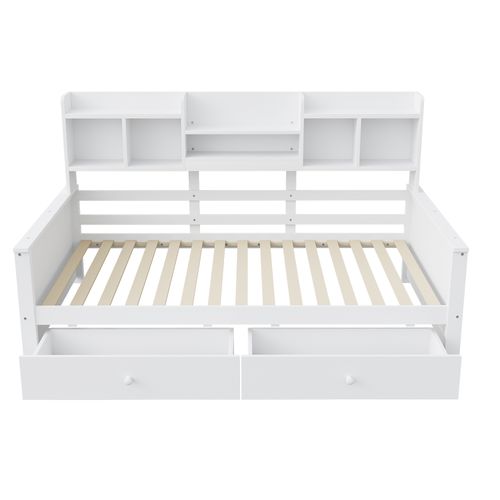 Lit Enfant 90x200 Cm Avec 2 Tiroirs Et Étagères, Éclairage LED, Sommier à Lattes, Blanc