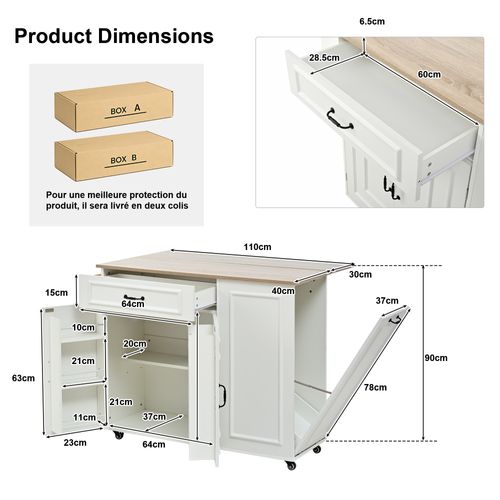 Îlot De Cuisine Mobile 110x40/70x90 Cm Avec 1 Tiroir, Prise, Rangements, Roulettes, Mdf, Blanc
