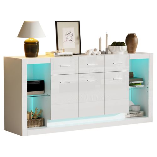 Buffet 160x40x75 Cm Avec 3 Tiroirs, 3 Portes, Étagères Ouvertes Et LED, Panneaux Particules, Blanc
