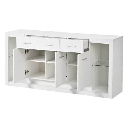Buffet 160x40x75 Cm Avec 3 Tiroirs, 3 Portes, Étagères Ouvertes Et LED, Panneaux Particules, Blanc