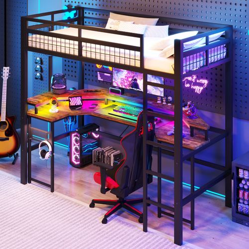 Lit Mezzanine Enfant 90x200 Cm, Lit Simple Avec Bureau, LED, USB Et Type-c, Métal, Noir