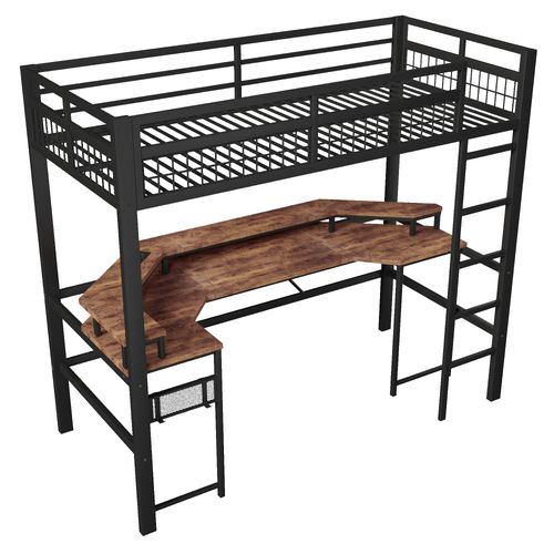 Lit Mezzanine Enfant 90x200 Cm, Lit Simple Avec Bureau, LED, USB Et Type-c, Métal, Noir