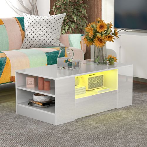 Table Basse LED 95x53x37 Cm, 2 Tiroirs Et Espaces De Rangement Ouverts, Panneaux Particules, Blanc