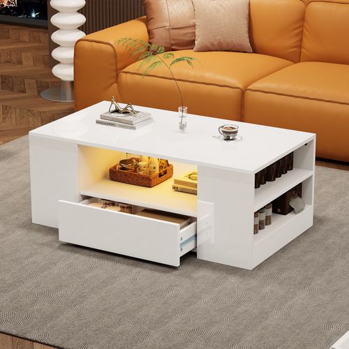 Table Basse LED 95x53x37 Cm, 2 Tiroirs Et Espaces De Rangement Ouverts, Panneaux Particules, Blanc