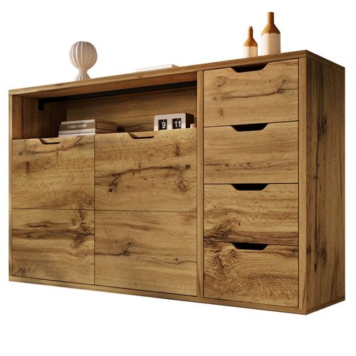 Buffet 150x40x90 cm Avec 2 Portes, 4 Tiroirs, Niche Ouverte, En Mdf, Couleur Chêne