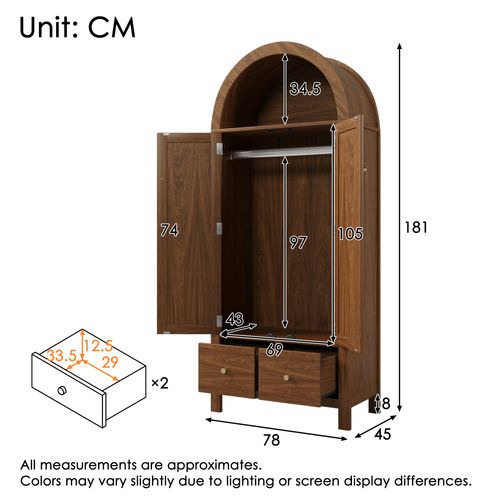 Armoire à Vêtement 78x45x181 Cm Avec 2 Tiroirs, 2 Portes, Tringle, En Mdf, Couleur Noyer