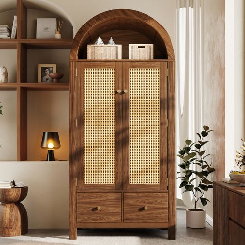 Armoire à Vêtement 78x45x181 Cm Avec 2 Tiroirs, 2 Portes, Tringle, En Mdf, Couleur Noyer