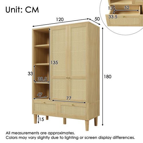 Armoire à Vêtement 120x50x180 Cm Avec 2 Tiroirs En Rotin, 2 Portes, En Mdf, Chêne