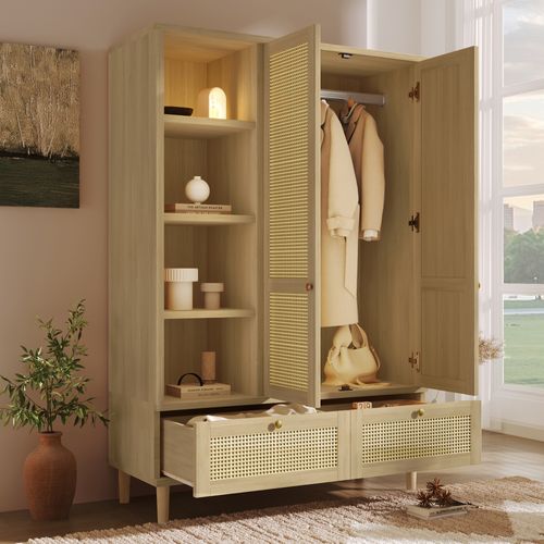 Armoire à Vêtement 120x50x180 Cm Avec 2 Tiroirs En Rotin, 2 Portes, En Mdf, Chêne