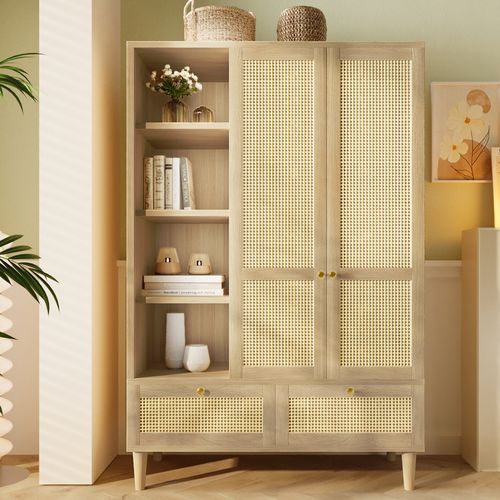 Armoire à Vêtement 120x50x180 Cm Avec 2 Tiroirs En Rotin, 2 Portes, En Mdf, Chêne