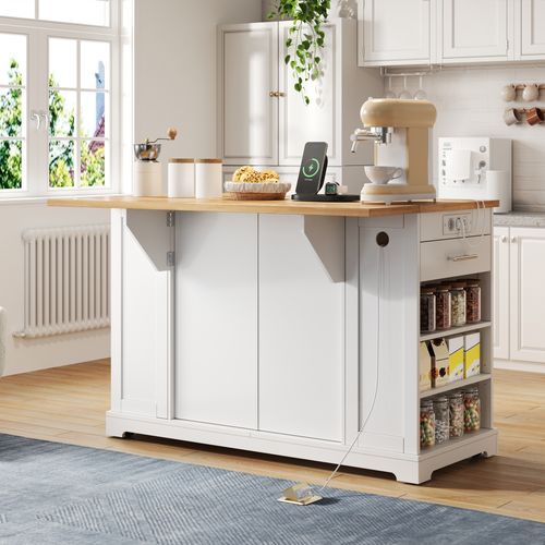 Îlot De Cuisine Mobile 138x56/86x92 Cm, 3 Tiroirs, 5 Roulettes, Plateau Rabattable, Mdf, Blanc