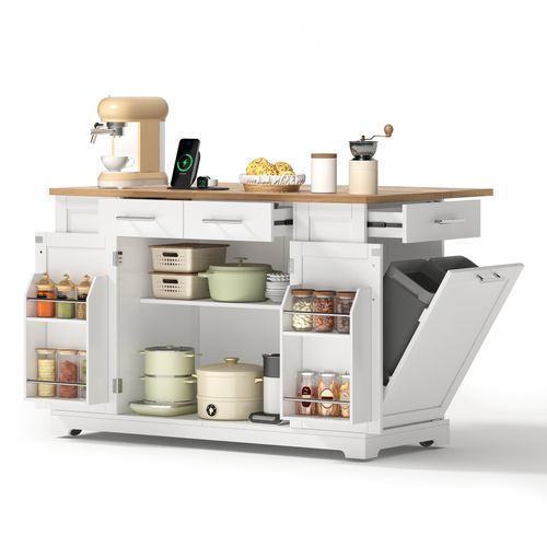Îlot De Cuisine Mobile 138x56/86x92 Cm, 3 Tiroirs, 5 Roulettes, Plateau Rabattable, Mdf, Blanc