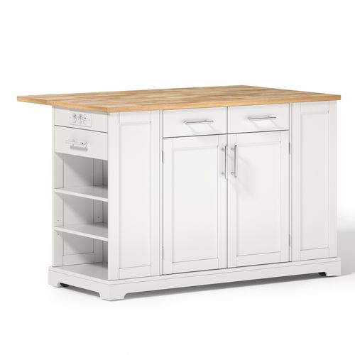 Îlot De Cuisine Mobile 138x56/86x92 Cm, 3 Tiroirs, 5 Roulettes, Plateau Rabattable, Mdf, Blanc