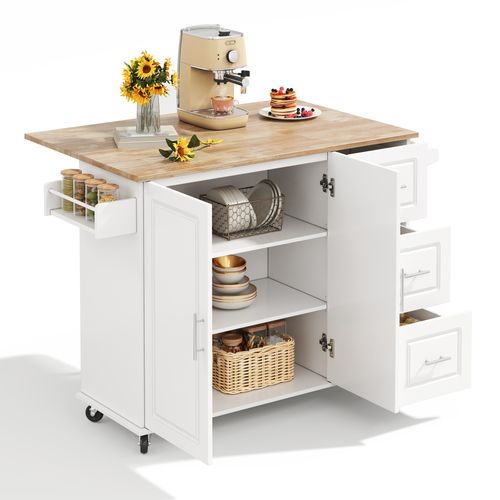 Îlot De Cuisine Mobile 137x43/76x92 Cm, 3 Tiroirs, 2 Portes, Plateau Rabattable, Mdf, Blanc