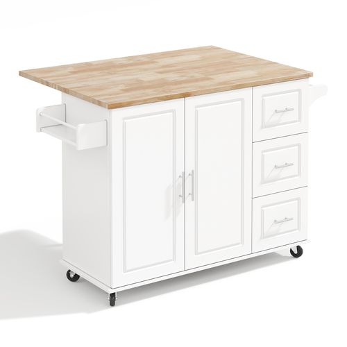 Îlot De Cuisine Mobile 137x43/76x92 Cm, 3 Tiroirs, 2 Portes, Plateau Rabattable, Mdf, Blanc