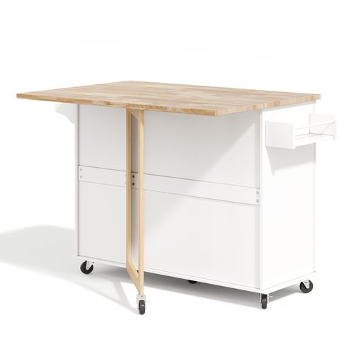 Îlot De Cuisine Mobile 137x43/76x92 Cm, 3 Tiroirs, 2 Portes, Plateau Rabattable, Mdf, Blanc