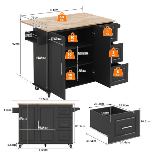 Îlot De Cuisine Mobile 137x43/76x92 Cm, 3 Tiroirs, 2 Portes, Plateau Rabattable, Mdf, Noir
