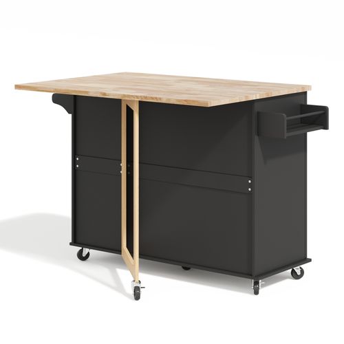 Îlot De Cuisine Mobile 137x43/76x92 Cm, 3 Tiroirs, 2 Portes, Plateau Rabattable, Mdf, Noir