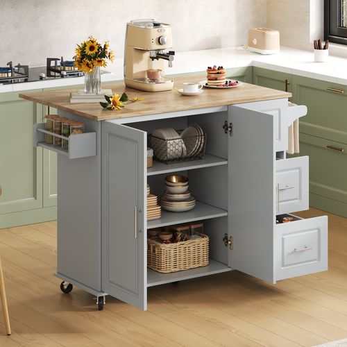 Îlot De Cuisine Mobile 137x43/76x92 Cm, 3 Tiroirs, 2 Portes, Plateau Rabattable, Mdf, Gris