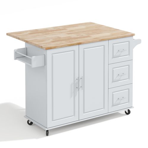 Îlot De Cuisine Mobile 137x43/76x92 Cm, 3 Tiroirs, 2 Portes, Plateau Rabattable, Mdf, Gris