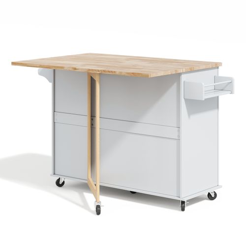 Îlot De Cuisine Mobile 137x43/76x92 Cm, 3 Tiroirs, 2 Portes, Plateau Rabattable, Mdf, Gris