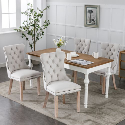 Lot De 2 Chaises De Salle à Manger Modernes Avec Dossier Haut Et Pieds En Bois, Lin, ​​beige