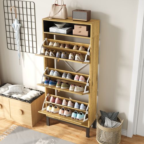 Buffet à Chaussures 63x24x147 Cm Avec 3 Portes Abattantes, Étagères Ouvertes, Mdf, Naturel