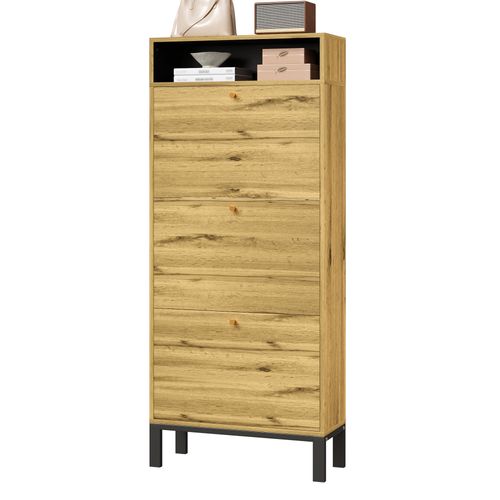 Buffet à Chaussures 63x24x147 Cm Avec 3 Portes Abattantes, Étagères Ouvertes, Mdf, Naturel