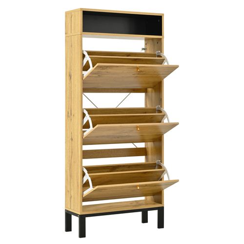 Buffet à Chaussures 63x24x147 Cm Avec 3 Portes Abattantes, Étagères Ouvertes, Mdf, Naturel