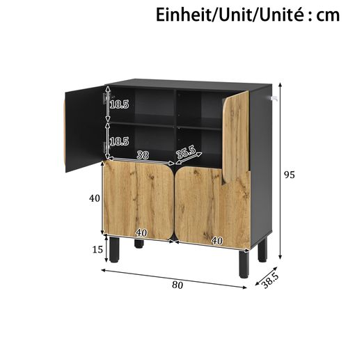 Buffet 80x38,5x95 Cm Armoire à Chaussures Avec Étagères Réglables, Pieds Métals, Portes, Mdf, Noir