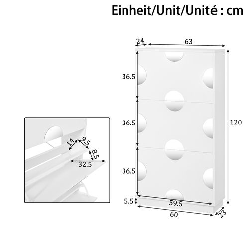 Buffet à Chaussures 63x24x120 Cm Avec 3 Portes, Motif De Miroir Rond, Rangement, Mdf, Blanc