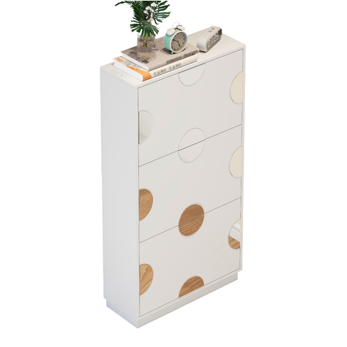 Buffet à Chaussures 63x24x120 Cm Avec 3 Portes, Motif De Miroir Rond, Rangement, Mdf, Blanc