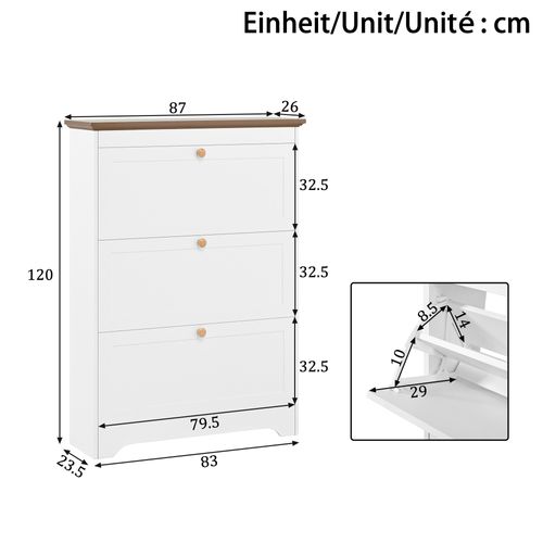 Buffet à Chaussures 87x26x120 Cm Avec 3 Portes, Étagère Supplémentaire, Poignées Rondes, Mdf, Blanc