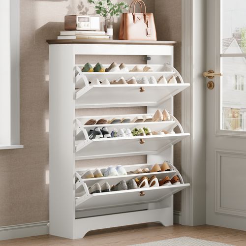 Buffet à Chaussures 87x26x120 Cm Avec 3 Portes, Étagère Supplémentaire, Poignées Rondes, Mdf, Blanc