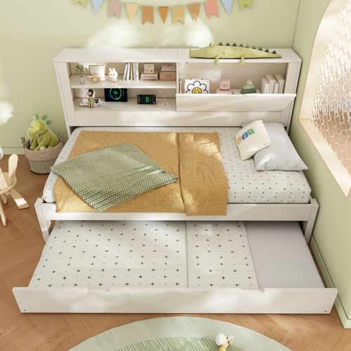 Lit gigogne 90x190 cm x 2 avec 2 niches et 1 porte de rangement, bois, blanc