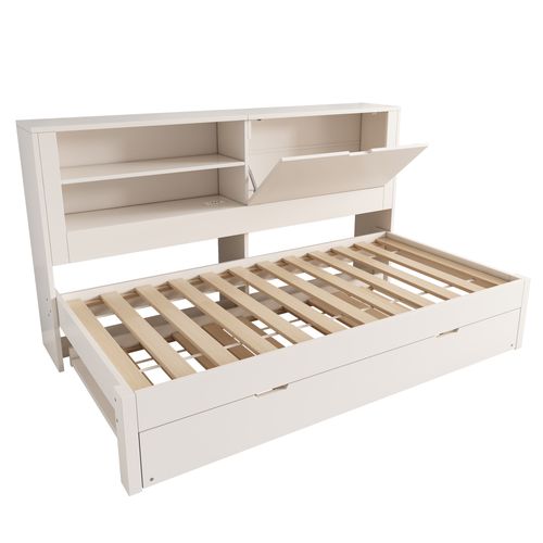 Lit gigogne 90x190 cm x 2 avec 2 niches et 1 porte de rangement, bois, blanc