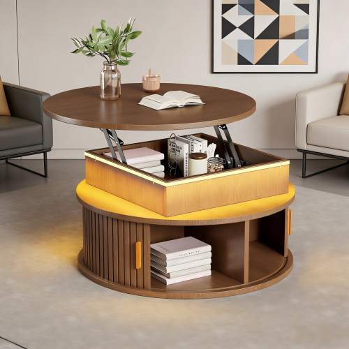 Table Basse Relevable 75x75x52 Cm Avec LED, 2 Portes Coulissantes Et Rangement Caché, Mdf, Brun