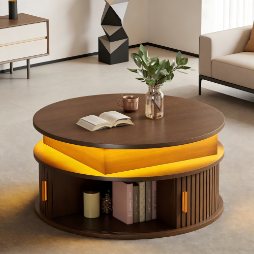 Table Basse Relevable 75x75x52 Cm Avec LED, 2 Portes Coulissantes Et Rangement Caché, Mdf, Brun