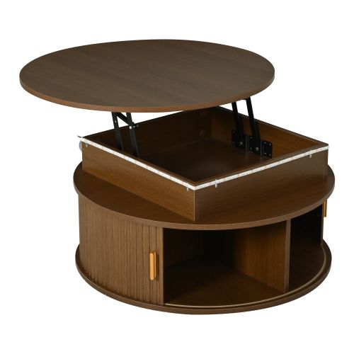 Table Basse Relevable 75x75x52 Cm Avec LED, 2 Portes Coulissantes Et Rangement Caché, Mdf, Brun