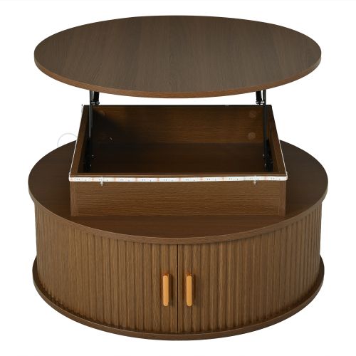 Table Basse Relevable 75x75x52 Cm Avec LED, 2 Portes Coulissantes Et Rangement Caché, Mdf, Brun