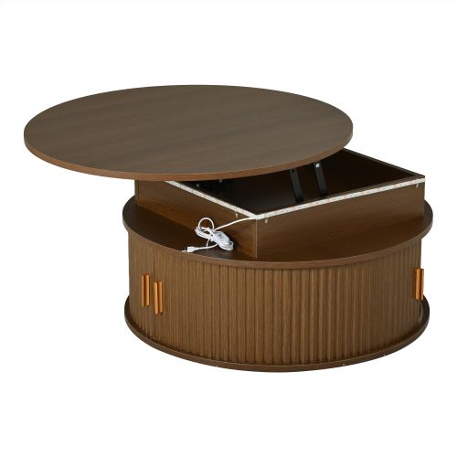 Table Basse Relevable 75x75x52 Cm Avec LED, 2 Portes Coulissantes Et Rangement Caché, Mdf, Brun