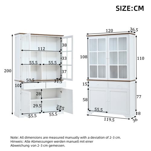 Vitrine LED 120x36,5x200 Cm Avec 2 Tiroirs Et 4 Portes, Portes Vitrées, Mdf, Blanc